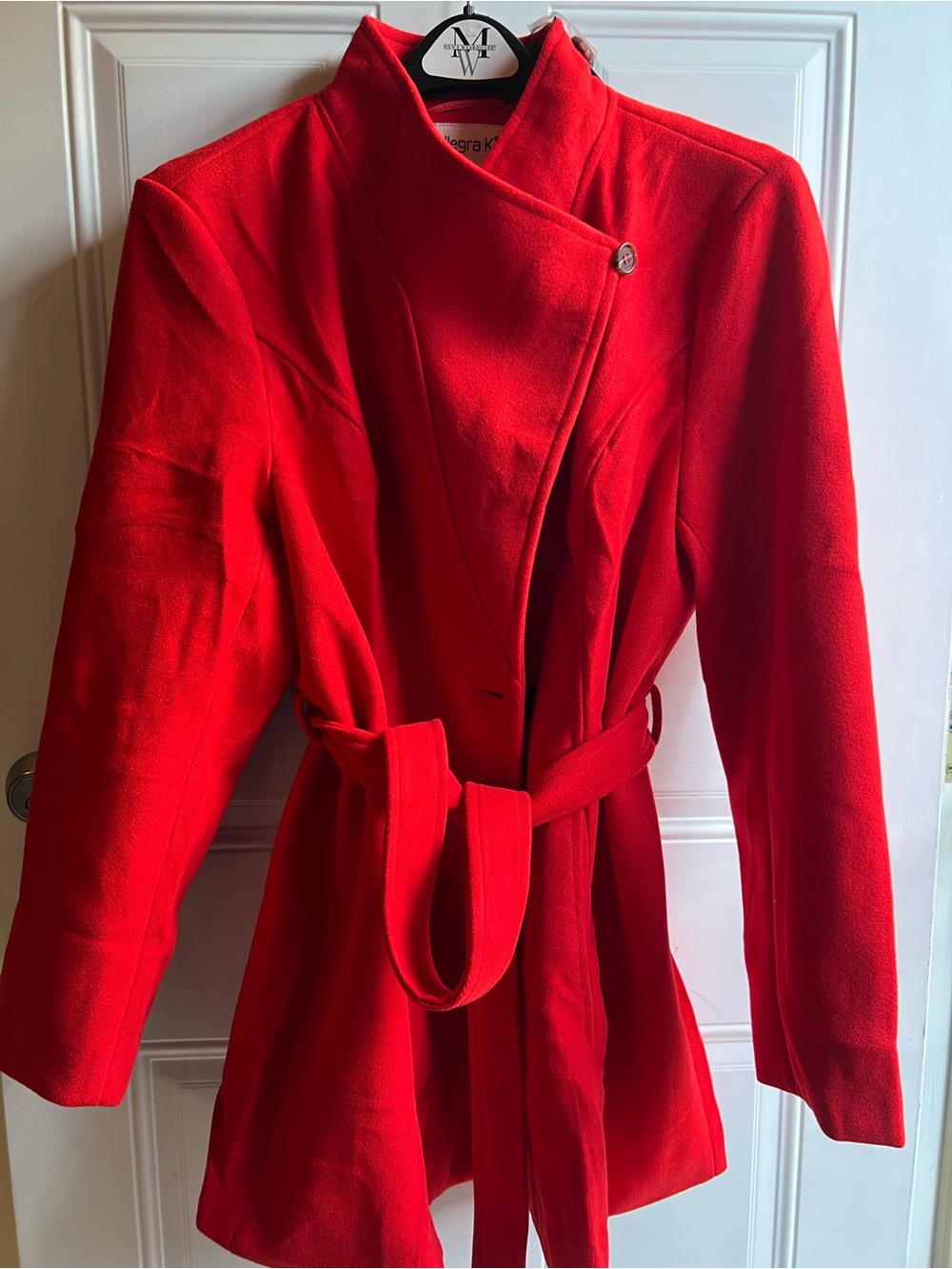 Allegra K Red Belted Wool Trench Coat with Stand Collar